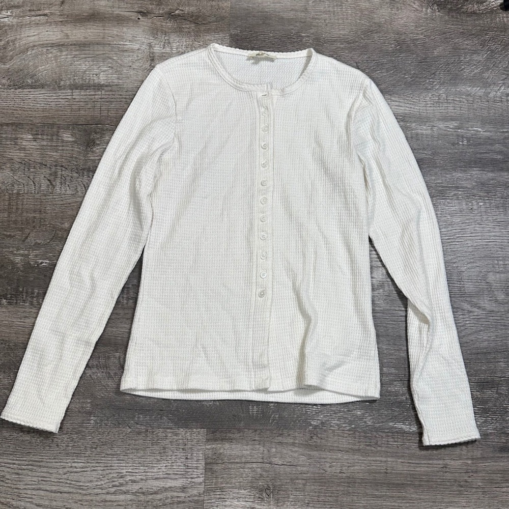 Madewell Waffle Knit Cardigan Top Cream‎ White Scalloped Crew Neck NY311  L
